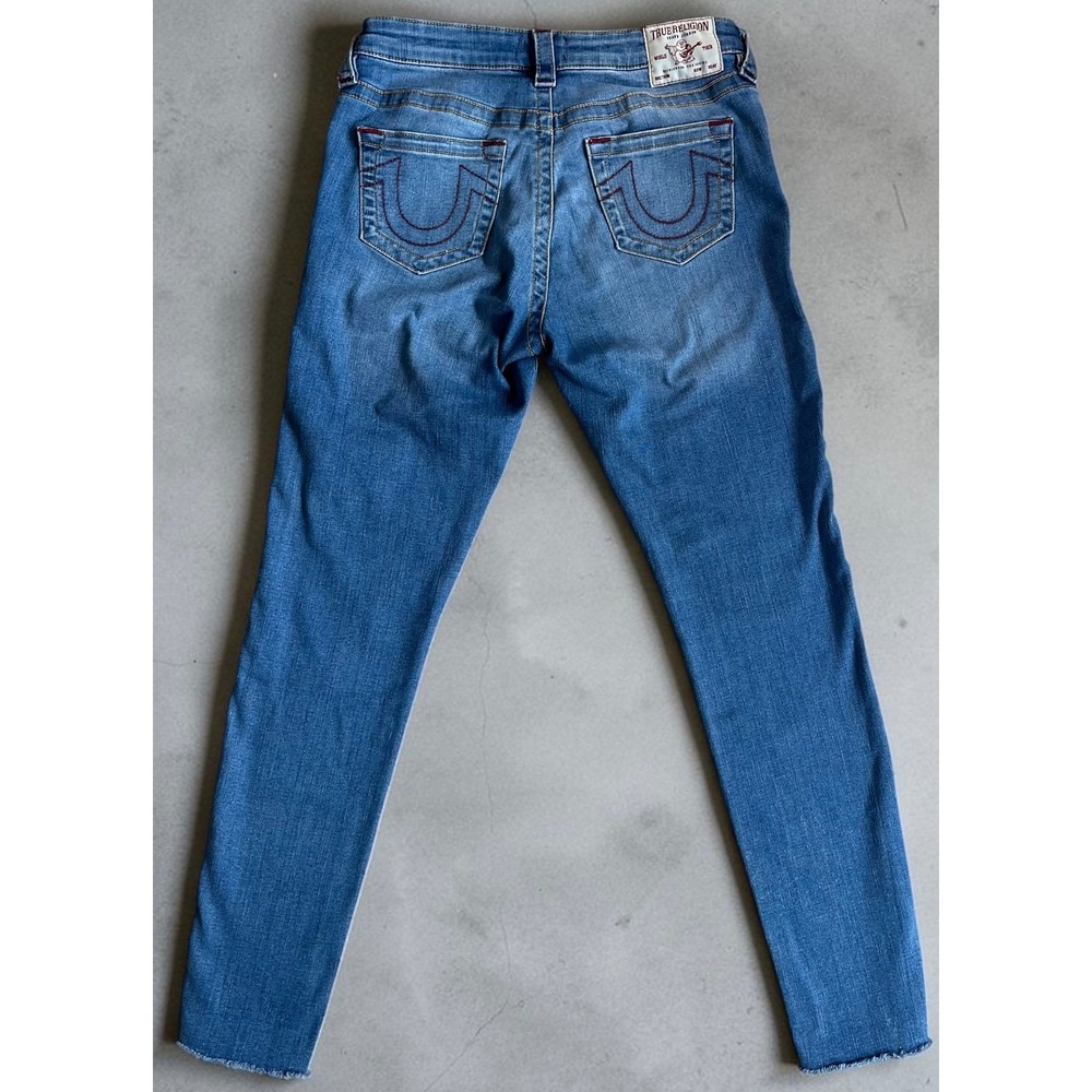 True Religion Jennie Curvy Mid Rise Super Skinny Jeans Medium Wash Raw Hem 28